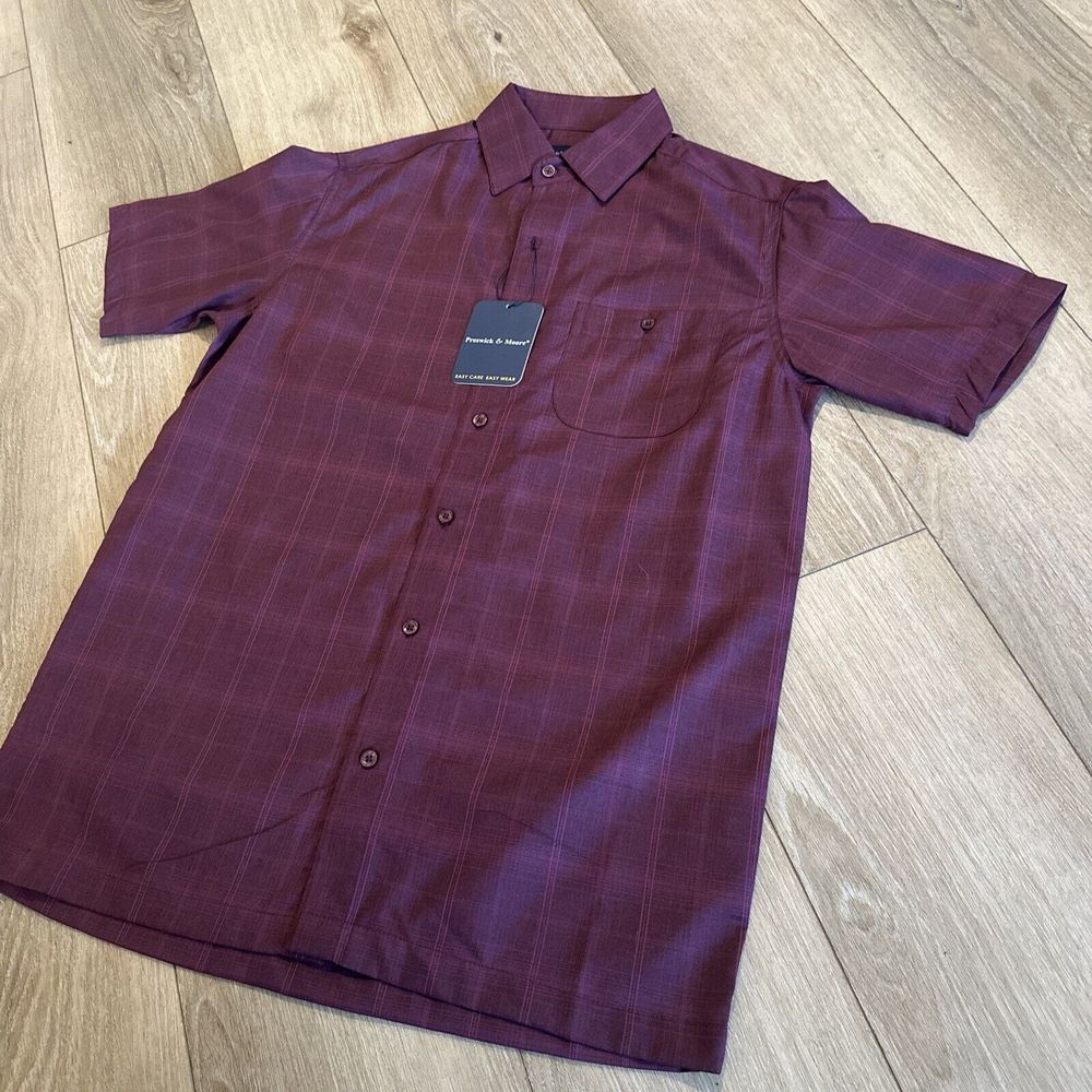 Preswick & Moore Men's Short‎ Sleeve Button Down Easy Care Shirt Cabernet Small
